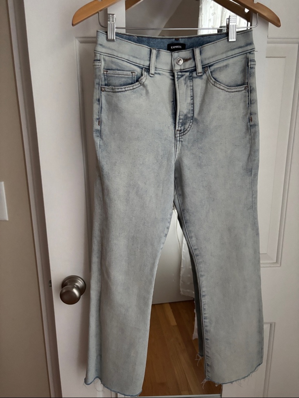 Express Light Wash Cropped Flare High Rise Jeans - Pale Blue